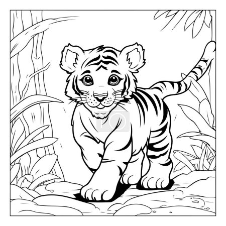 Téléchargez les illustrations : Illustration vectorielle en noir et blanc d'un petit tigre. Coloriage - en licence libre de droit