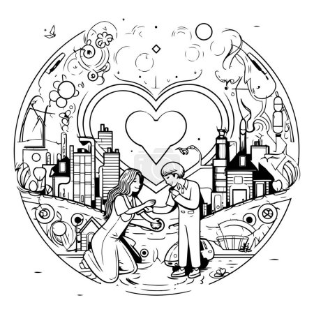 Illustration for Couple in love on the background of the city. Vector illustration - Royalty Free Image