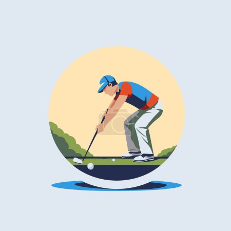 Jugador de golf en acción. Ilustración de vector de estilo plano. Icono redondo.