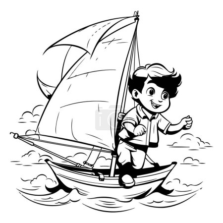 Boy sailing on a sailboat. black and white vector illustration.