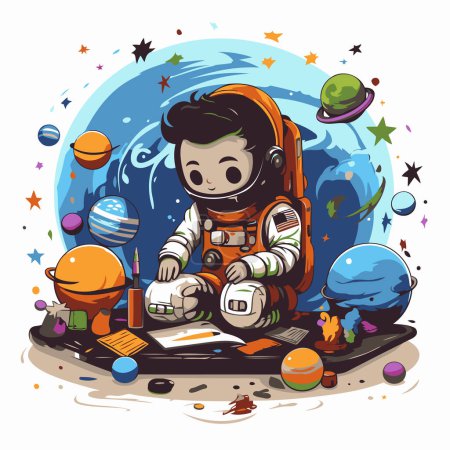 Illustration for Astronaut boy in space. Cute cartoon vector illustration. - Royalty Free Image
