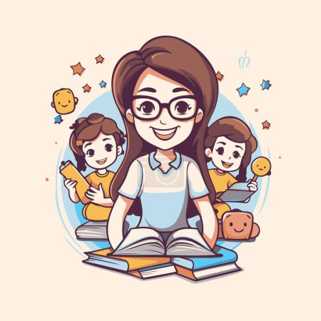 Illustration for Teacher reading a book with children in the background. Vector illustration. - Royalty Free Image