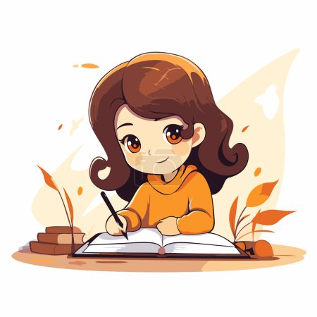 Illustration for Cute little girl doing homework. Vector illustration in cartoon style. - Royalty Free Image