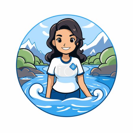 Téléchargez les illustrations : Jolie fille de dessin animé avec planche de surf dans la rivière. Illustration vectorielle. - en licence libre de droit