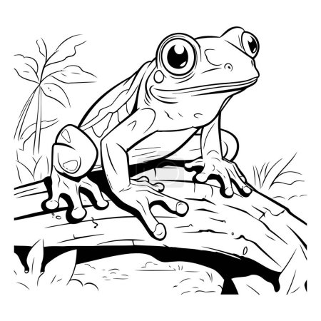 Ilustración de Rana sentada en un tronco. ilustración vectorial en blanco y negro. - Imagen libre de derechos