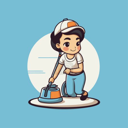 Illustration for Cute little boy cleaning the house with a vacuum cleaner. Vector illustration. - Royalty Free Image