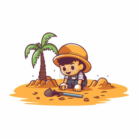 Illustration for Little boy playing in the sand with a shovel. Vector illustration. - Royalty Free Image