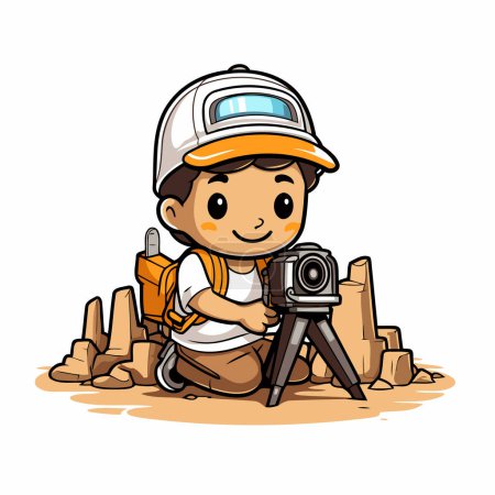 Illustration for Illustration of a Cute Little Boy Holding a Tripod and Camera - Royalty Free Image