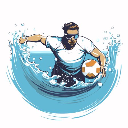 Illustration for Bearded man with a soccer ball on the water. Vector illustration - Royalty Free Image