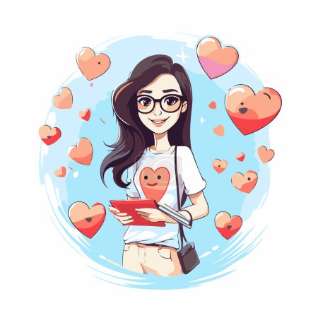 Illustration for Beautiful girl in glasses with a tablet and hearts around her. Vector illustration. - Royalty Free Image