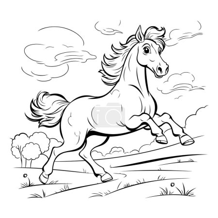 Téléchargez les illustrations : Course de chevaux dans le champ. illustration vectorielle noir et blanc. - en licence libre de droit