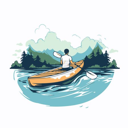 Illustration for Kayaking in the mountains. Vector illustration of a man in a canoe. - Royalty Free Image