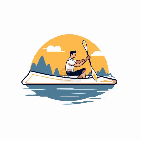 Téléchargez les illustrations : Un homme en kayak sur le lac. Illustration vectorielle de style plat. - en licence libre de droit