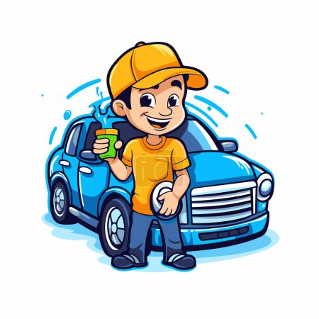 Téléchargez les illustrations : Cartoon travailleur de lavage de voiture tenant une tasse de café. Illustration vectorielle. - en licence libre de droit