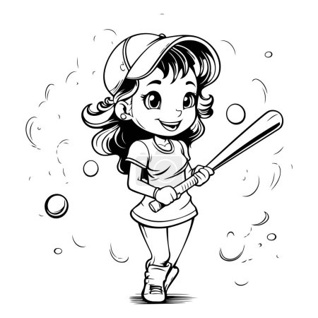 Téléchargez les illustrations : Petite fille jouant au baseball illustration vectorielle noir et blanc pour livre à colorier - en licence libre de droit