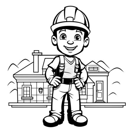 Illustration for Cute cartoon construction worker in front of house vector illustration graphic design - Royalty Free Image