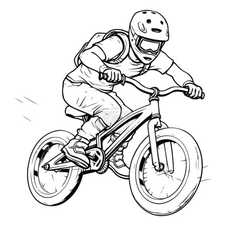 Illustration for Mountain biker on a bike. Vector illustration in black and white. - Royalty Free Image