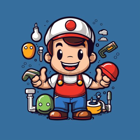 Illustration for Cute cartoon handyman with different tools. Vector illustration for your design - Royalty Free Image