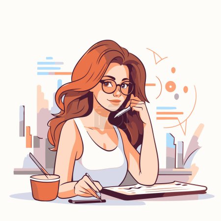 Illustration for Business woman working in office. Vector illustration in a flat style. - Royalty Free Image