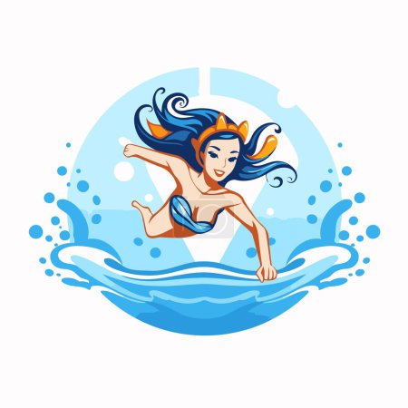 Ilustración de Hermosa chica nadando en el mar. Ilustración vectorial en estilo de dibujos animados. - Imagen libre de derechos