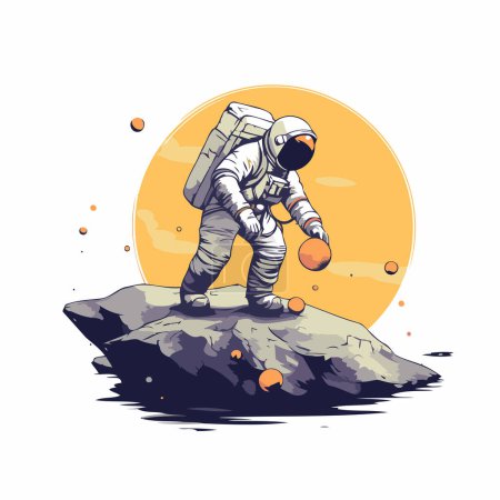 Téléchargez les illustrations : Astronaute sur la lune. Illustration vectorielle dans un style rétro. - en licence libre de droit