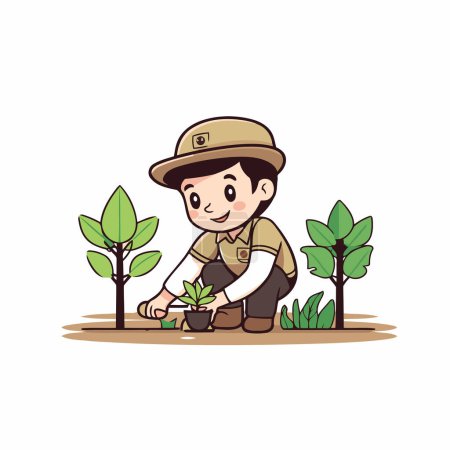 Téléchargez les illustrations : Fermier plantant un arbre dans le jardin. Illustration vectorielle de bande dessinée. - en licence libre de droit