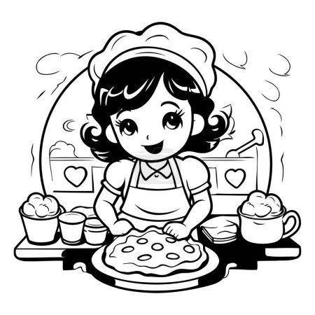 Téléchargez les illustrations : Illustration de bande dessinée en noir et blanc de la pâtisserie mignonne de cuisson de petite fille pour le livre de coloriage - en licence libre de droit
