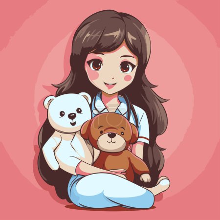 Illustration for Cute little girl and her teddy bear. Vector illustration. - Royalty Free Image