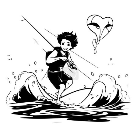 Illustration for Kitesurfer on the water. Black and white vector illustration. - Royalty Free Image