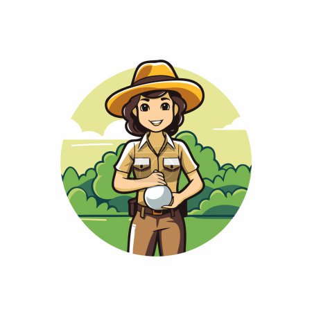 Téléchargez les illustrations : Illustration vectorielle d'une femme en chapeau safari tenant un verre de vin - en licence libre de droit
