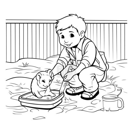 Téléchargez les illustrations : Garçon jouant avec un chat dans le parc. illustration vectorielle noir et blanc - en licence libre de droit