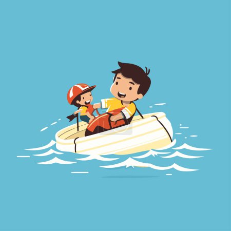 Illustration for Father and son in inflatable boat. Flat design vector illustration. - Royalty Free Image