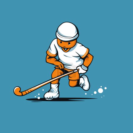 Téléchargez les illustrations : Illustration vectorielle d'un joueur de hockey de bande dessinée courant avec un bâton à la main. - en licence libre de droit