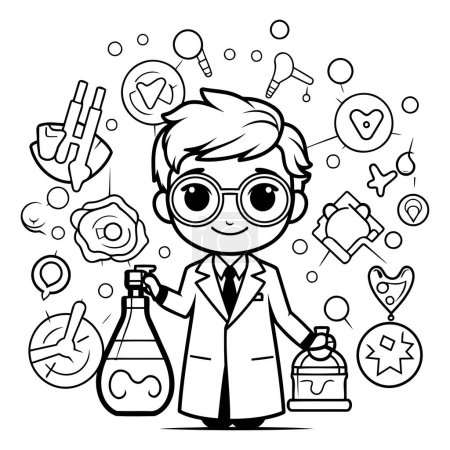 Illustration for Black and white vector illustration of a scientist holding a flask with chemical elements - Royalty Free Image