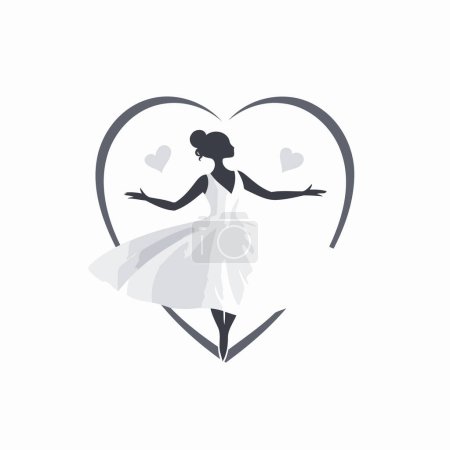 Ilustración de Hermosa novia vector logotipo plantilla de diseño. Silueta elegante de una novia en un vestido de novia blanco bailando. - Imagen libre de derechos