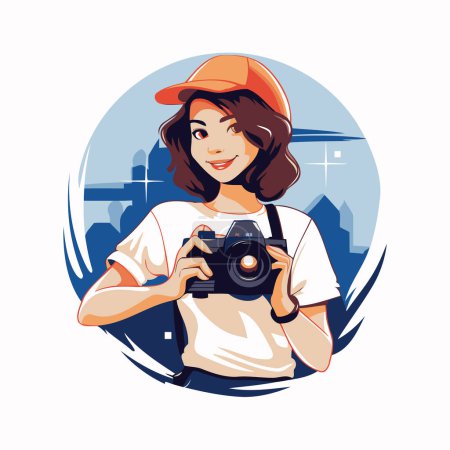 Illustration for Young woman photographer with camera. Vector illustration in a flat style. - Royalty Free Image