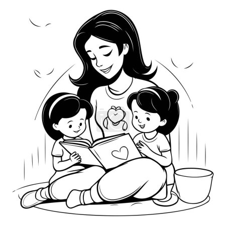Téléchargez les illustrations : Mère lisant un livre avec ses enfants. illustration vectorielle noir et blanc. - en licence libre de droit