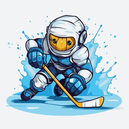 Illustration for Cartoon ice hockey player with a stick and puck. Vector illustration. - Royalty Free Image