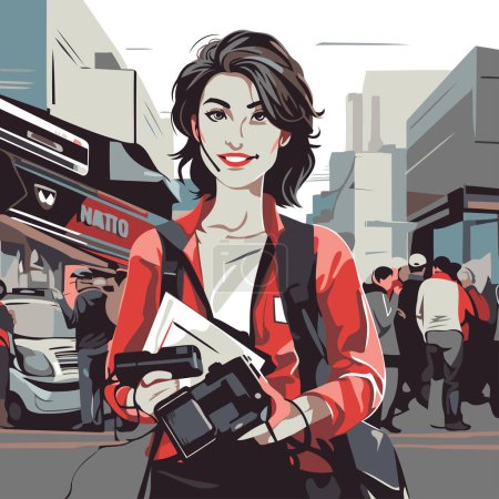 Ilustración de Mujer joven con estilo con una cámara en la calle. Ilustración vectorial. - Imagen libre de derechos