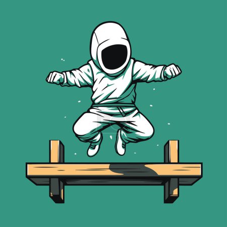 Illustration for Astronaut jumps on a wooden platform. Vector illustration of an astronaut in space. - Royalty Free Image