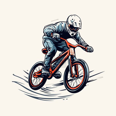 Illustration for Biker in helmet riding a mountain bike. Vector illustration in retro style. - Royalty Free Image