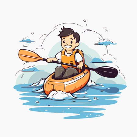 Téléchargez les illustrations : Cartoon boy pagayant en kayak sur la rivière. Illustration vectorielle. - en licence libre de droit