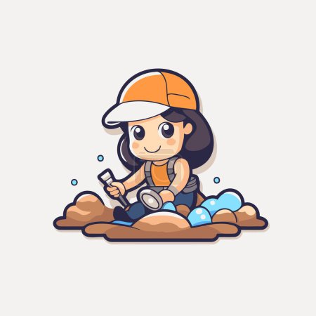 Illustration for Cute little girl playing in the sand. Vector Illustration. - Royalty Free Image