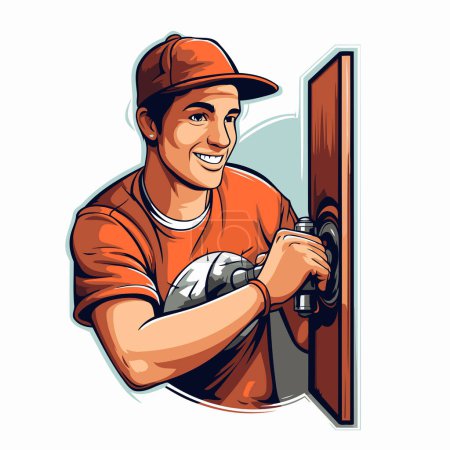 Illustration for Illustration of a handyman handyman installing a door with screwdriver - Royalty Free Image