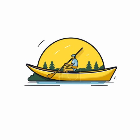 Téléchargez les illustrations : Pêcheur dans un bateau sur le lac. Illustration vectorielle. - en licence libre de droit