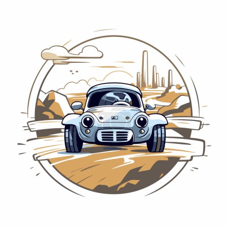Illustration for Vector illustration of a classic american car on the road in the desert - Royalty Free Image