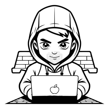 Téléchargez les illustrations : Hacker avec ordinateur portable - Illustration de bande dessinée noir et blanc. Vecteur - en licence libre de droit
