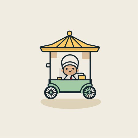 Téléchargez les illustrations : Illustration vectorielle d'un chariot avec un homme au chapeau et une écharpe - en licence libre de droit