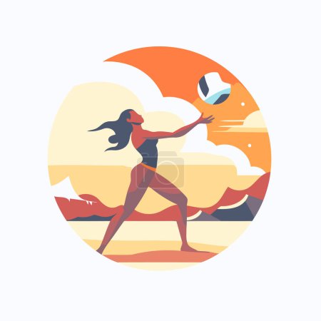 Téléchargez les illustrations : Femme jouant au volley-ball sur la plage. Illustration vectorielle en style plat. - en licence libre de droit