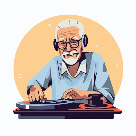 Ilustración de Viejo jugando al tocadiscos. Ilustración vectorial en estilo de dibujos animados. - Imagen libre de derechos